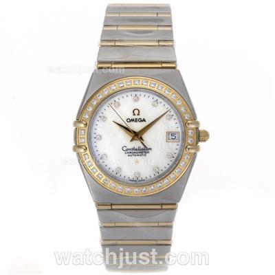 Omega Constellation Swiss ETA Movement Two Tone Diamond Bezel and Markers with White Dial