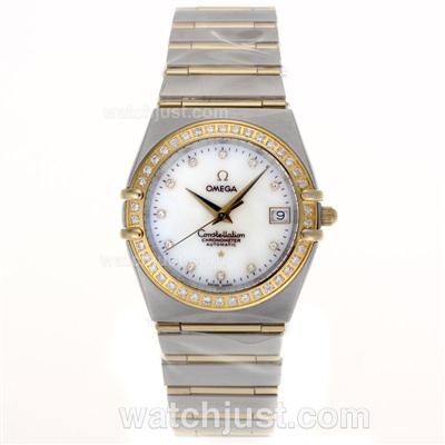 Omega Constellation Swiss ETA Movement Two Tone Diamond Bezel and Markers with White MOP Dial