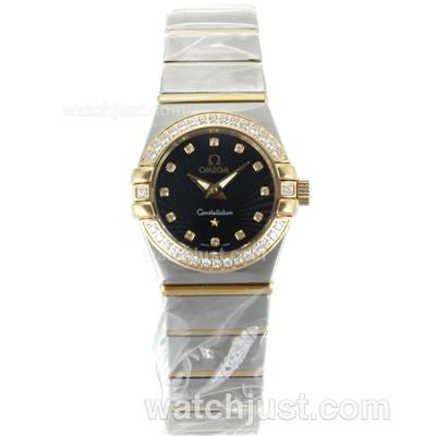 Omega Constellation Two Tone Diamond Bezel Diamond Markers with Black Dial-Same Chassis as ETA Version-Lady Size