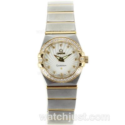 Omega Constellation Two Tone Diamond Bezel Diamond Markers with White Dial-Same Chassis as ETA Version-Lady Size