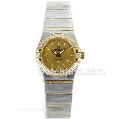 Omega Constellation Two Tone Diamond Bezel Srick Markers with Golden Dial-Same Chassis as ETA Version-Lady Size