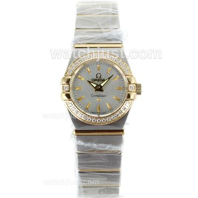 Omega Constellation Two Tone Diamond Bezel Stick Markers with White Dial-Same Chassis as ETA Version-Lady Size