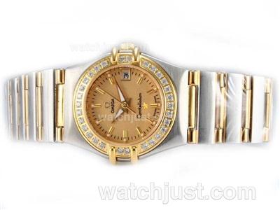 Omega Constellation Two Tone Diamond Bezel with Golden Dial