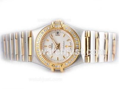 Omega Constellation Two Tone Diamond Bezel with White Dial