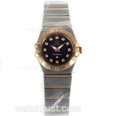Omega Constellation Two Tone Diamond Markers with Black Dial-Same Chassis as ETA Version-Lady Size