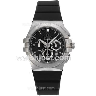 Omega Constellation Working Chronograph Stick Markers with Black Dial-Black Rubber Strap