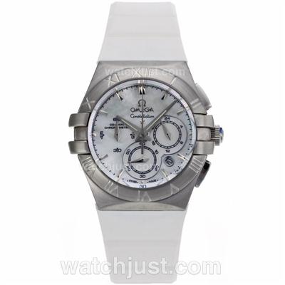 Omega Constellation Working Chronograph Stick Markers with MOP Dial-White Rubber Strap