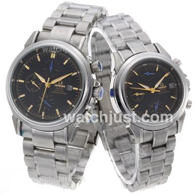 Omega De Ville Chronograph with Black Dial and Gold Stick Markers S/S-Couple Watch