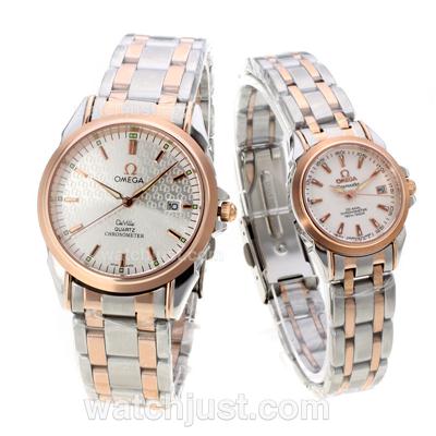 Omega De Ville Two Tone Stick Markers with White Dial - Couple Watch