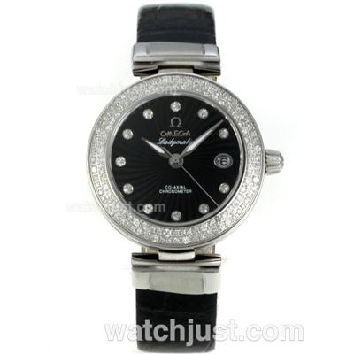Omega Ladymatic Diamond Bezel with Black Dial-Leather Strap