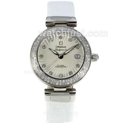 Omega Ladymatic Diamond Bezel with White Dial-Leather Strap