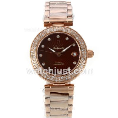 Omega Ladymatic Full Rose Gold Diamond Bezel with Brown Dial-Sapphire Glass