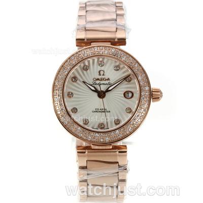 Omega Ladymatic Full Rose Gold Diamond Bezel with White Dial-Sapphire Glass