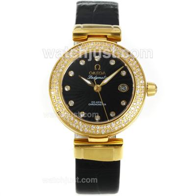 Omega Ladymatic Gold Case Diamond Bezel with Black Dial-Leather Strap