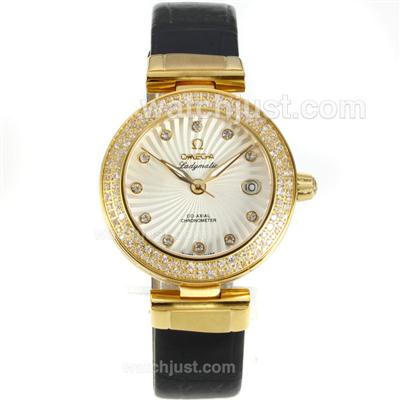 Omega Ladymatic Gold Case Diamond Bezel with White Dial-Leather Strap
