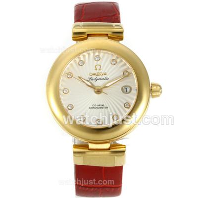 Omega Ladymatic Gold Case Diamond Markers with White Dial-Leather Strap