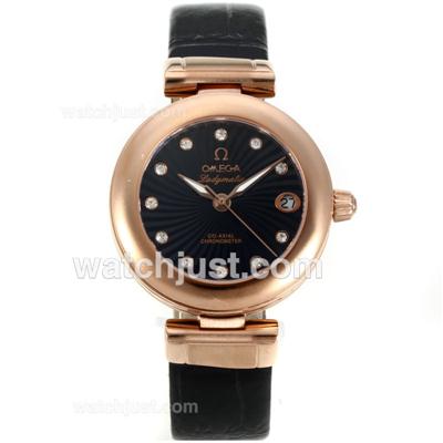 Omega Ladymatic Rose Gold Case Diamond Markers with Black Dial-Leather Strap