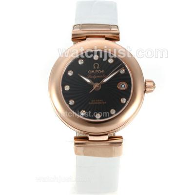 Omega Ladymatic Rose Gold Case Diamond Markers with Black Dial-White Leather Strap