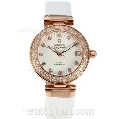 Omega Ladymatic Swiss ETA 2836 Movement Rose Gold Case Diamond Bezel with White Dial-Leather Strap