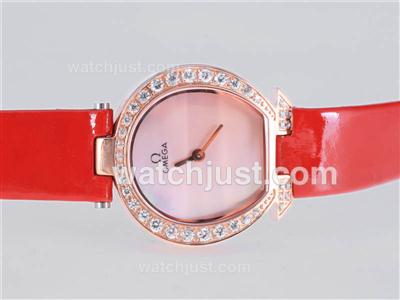 Omega Mania Rose Gold Case Diamond Bezel with Pink MOP Dial-Lady Size