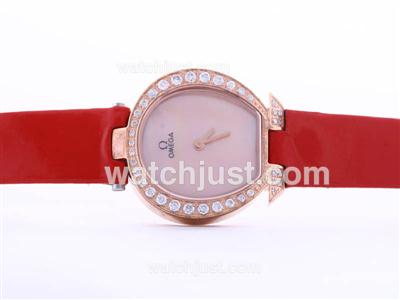 Omega Marina Rose Gold MOP Dial with Diamond Bezel -Red Strap