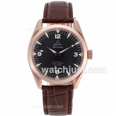 Omega Railmaster Swiss ETA 2836 Movement Rose Gold Case with Black Dial-Leather Strap