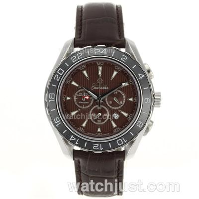 Omega Seamaster Planet Ocean GMT Working Chronograph Brown Dial with Leather Strap-Ceramic Bezel