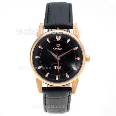 Omega Seamaster Rose Gold Case Stick Markers with Black Dial-Leather Strap