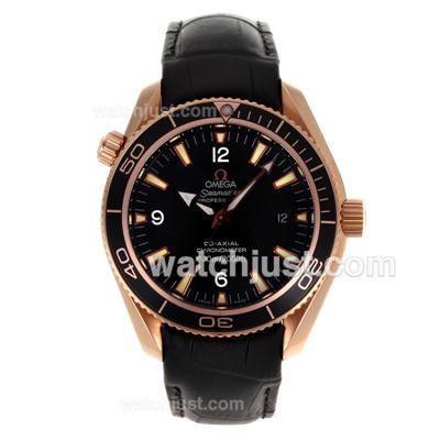 Omega Seamaster Swiss ETA 2824 Movement Rose Gold Case with Black Dial-Leather Strap