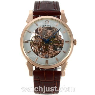 Omega Skeleton Automatic Rose Gold Case with Burgundy Leather Strap