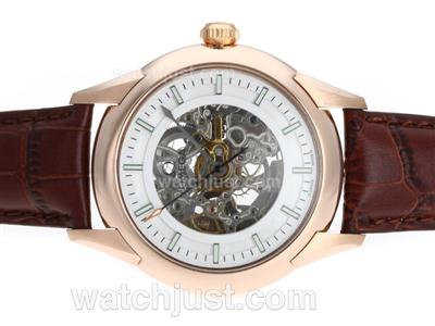 Omega Skeleton Automatic Rose Gold Case with White Dial-Leather Strap