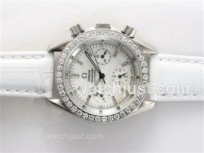 Omega Speedmaster Automatic Diamond Bezel and Marking with White Dial and Strap Lady Size