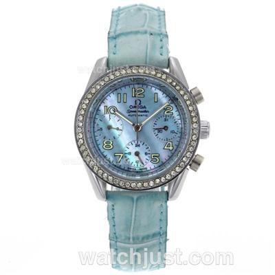 Omega Speedmaster Automatic Diamond Bezel with Blue MOP Dial-Leather Strap