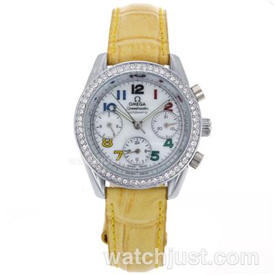 Omega Speedmaster Automatic Diamond Bezel with MOP Dial-Yellow Leather Strap