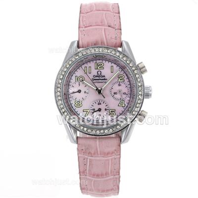 Omega Speedmaster Automatic Diamond Bezel with Pink MOP Dial-Leather Strap