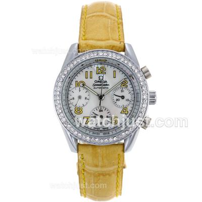 Omega Speedmaster Automatic Diamond Bezel with Yellow Markers-Leather Strap