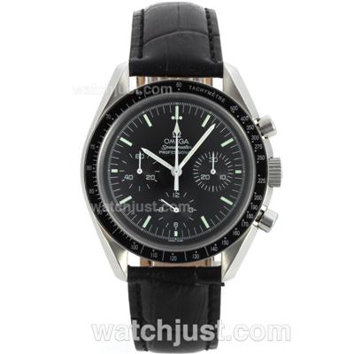 Omega Speedmaster Chronograph Lemania Movement with Black Dial-Leather Strap