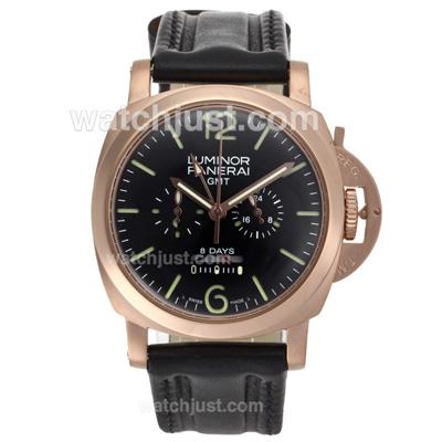 Panerai Luminor 8 Days Working Chronograph Rose Gold Case with Black Dial-Leather Strap