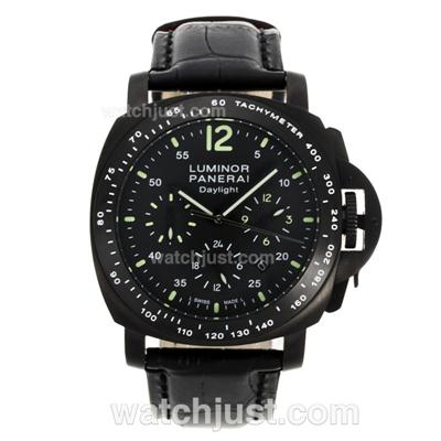Panerai Luminor Daylight Automatic PVD Case with Black Dial-Black Leather Strap