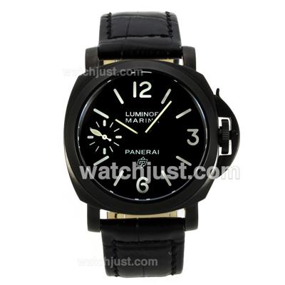 Panerai Luminor Marina OP Logo Swiss ETA Unitas 6497 Movement PVD Case with Black Dial-Black Leather Strap