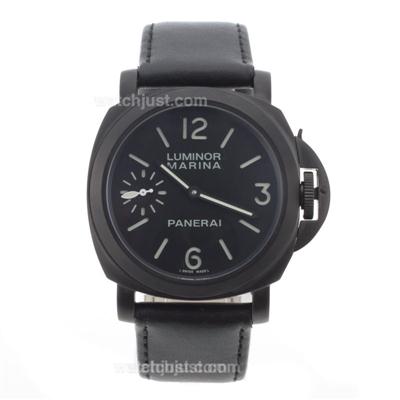 Panerai Luminor Marina Unitas 6497 Movement Swan Neck PVD Case with Black Dial-Leather Strap