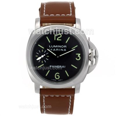 Panerai Luminor Marina Unitas 6497 Movement with Swan Neck with Black Dial-Leather Strap