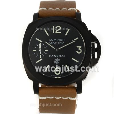 Panerai Luminor OP Logo Manual Winding PVD Case with Black Dial-Light Coffee Leather Strap-Same Chassis as ETA Version