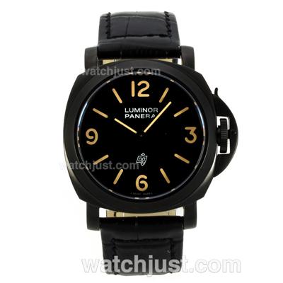 Panerai Luminor OP Logo Swiss ETA Unitas 6497 Movement PVD Case with Black Dial-Leather Strap