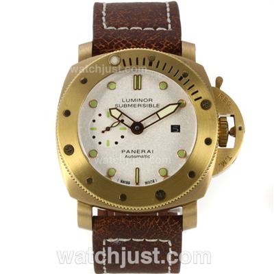 Panerai Luminor Submersile Automatic Golden Case with White Dial-Leather Strap