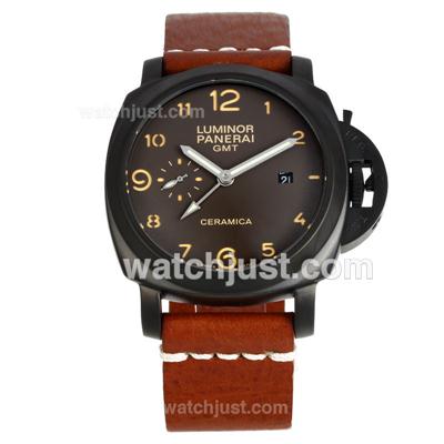 Panerai Luminor GMT Automatic PVD Case with Black Dial-Brown Leather Strap