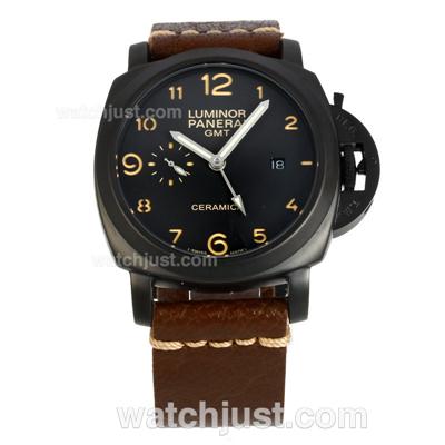 Panerai Luminor GMT Automatic PVD Case with Black Dial-Coffee Leather Strap