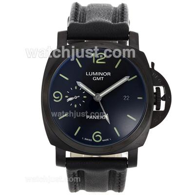 Panerai Luminor GMT Automatic PVD Case with Black Dial-Leather Strap