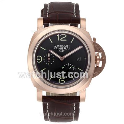 Panerai Luminor GMT Working Automatic Rose Gold Case with Black Dial-Leather Strap