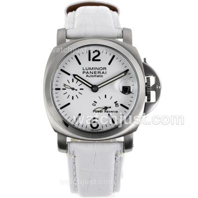 Panerai Luminor Working Power Reserve Automatic with White Dial- White Leather Strap